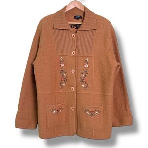 Vintage Wool Cardigan Sweater Grandma Coastal Embroidered Flowers